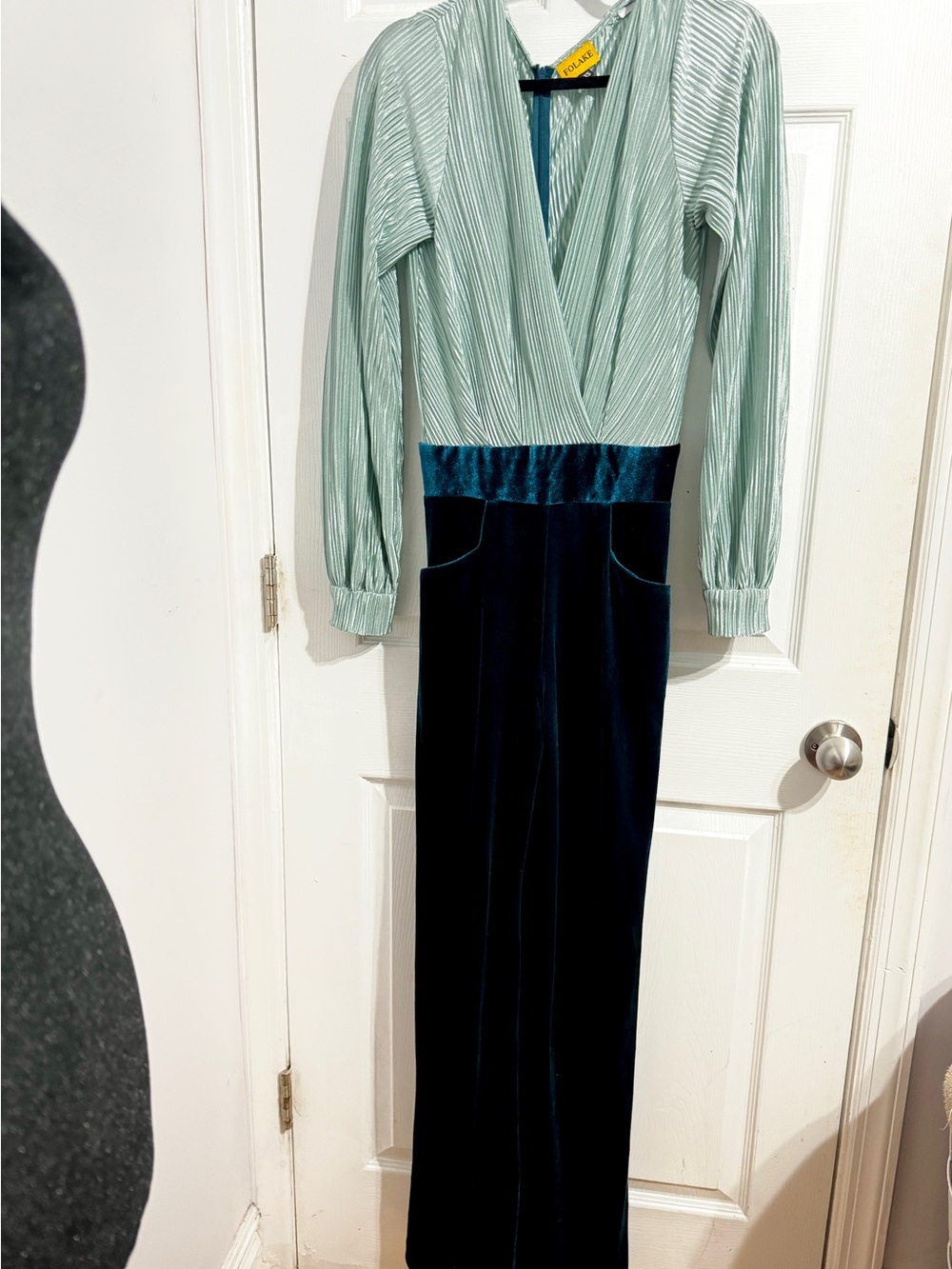 Deep Teal Velvet High-Waist Wide-Leg Jumpsuit - Picture 2 of 4